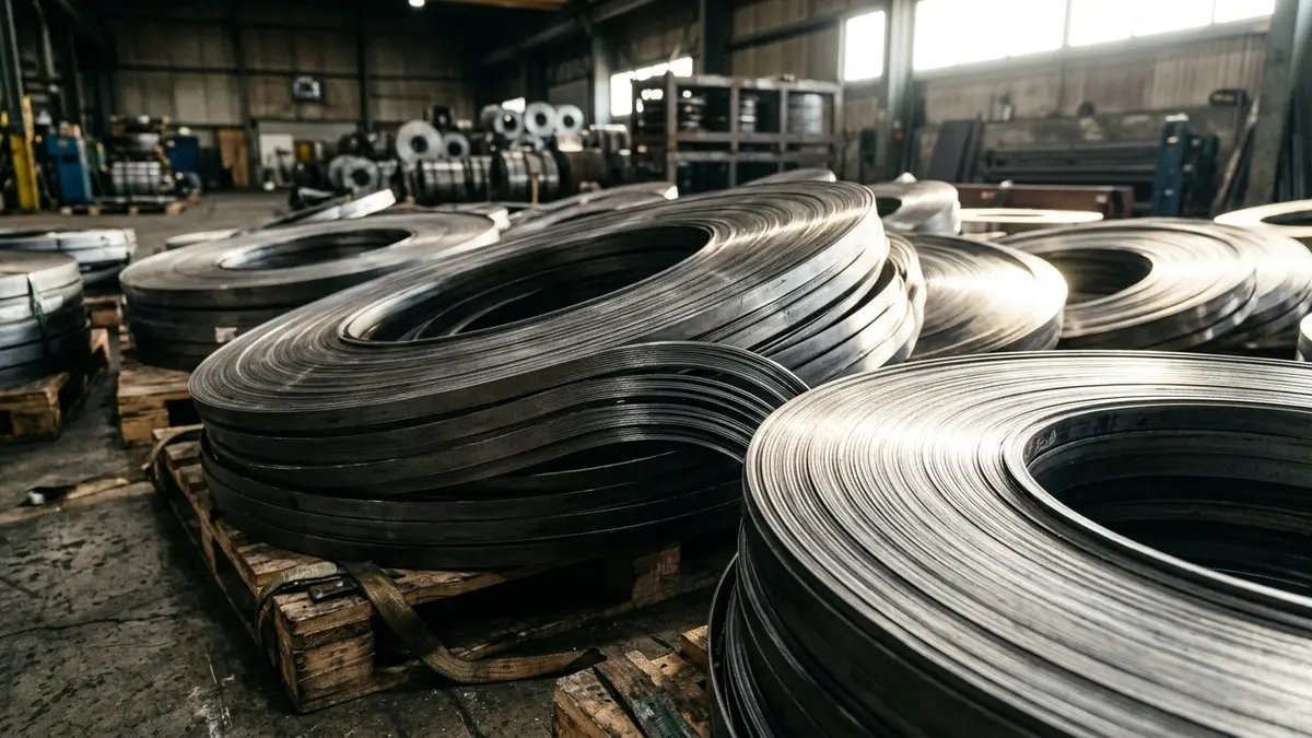 Bobina de aço carbono laminada a frio estocada em galpão fabril, com marcações de inspeção de espessura de chapa.