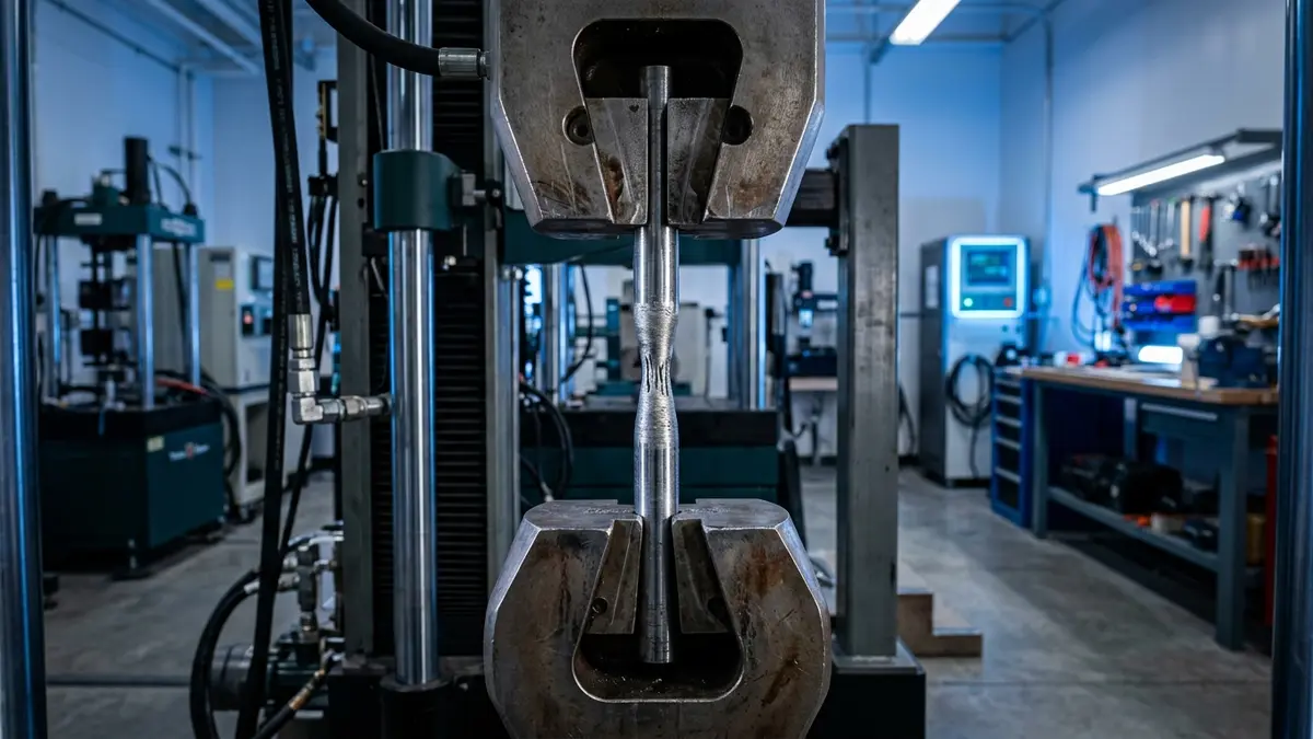 Corpo de prova metálico de aço sendo tracionado em máquina universal de ensaios mecânicos de laboratório industrial.