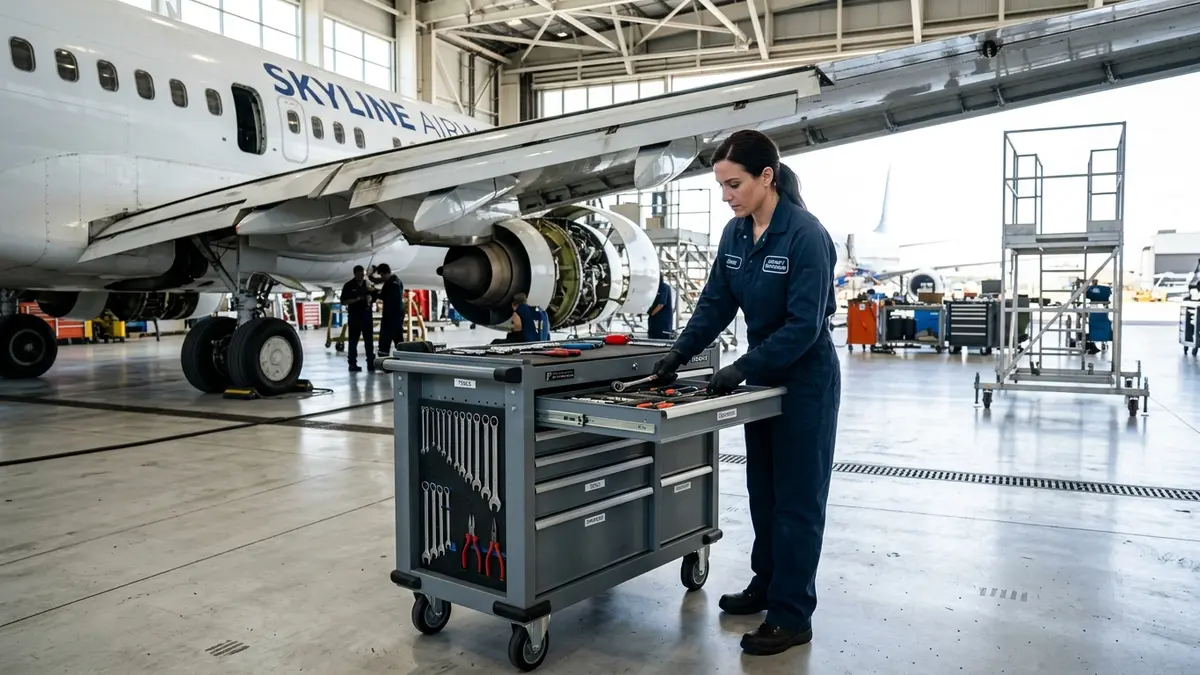 Mecânica de aviação de macacão azul organizando ferramentas em carrinho metálico sob a asa de uma aeronave.