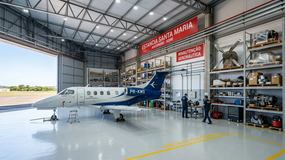 Interior de um moderno hangar de manutenção aeronáutica no Aeródromo Estância Santa Maria em Campo Grande MS com racks industriais de aço.
