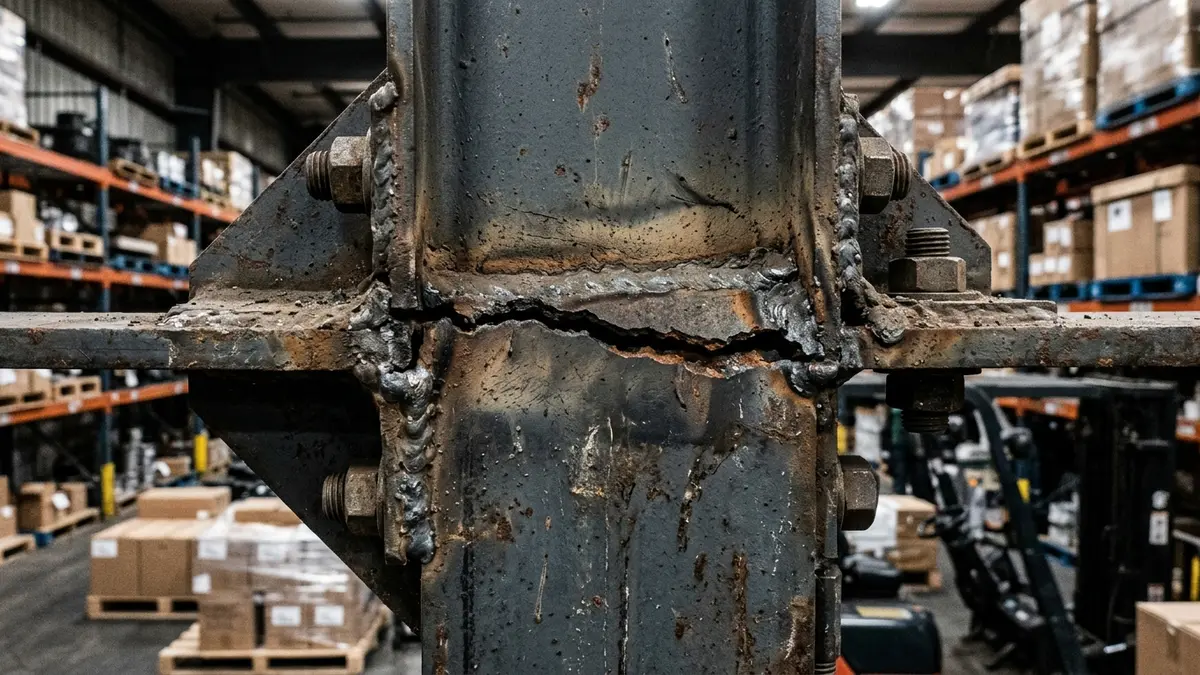 Engenheiro munido de trena eletrônica e prumo a laser inspecionando o alinhamento das colunas de um porta-paletes industrial.