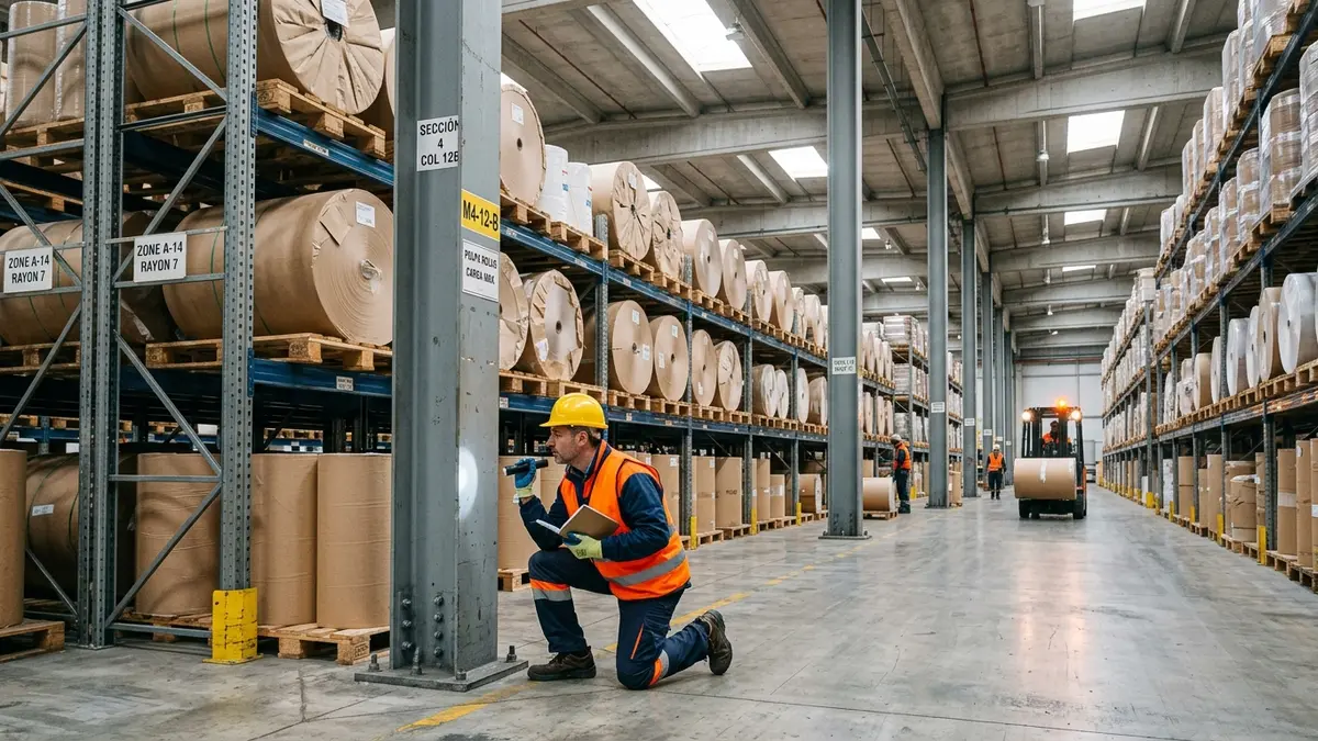 Galpão de armazenagem industrial de grande porte em Três Lagoas MS, mostrando sistemas porta-paletes carregados com bobinas de papel e fardos de celulose.