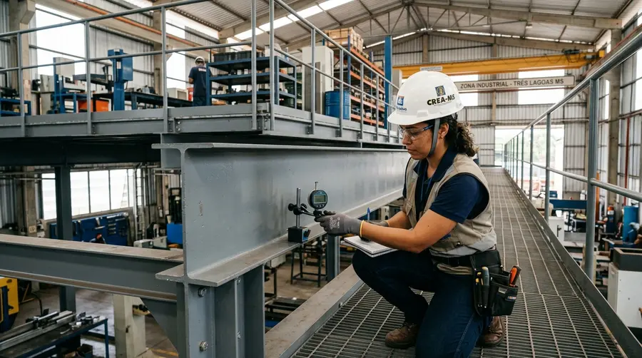 Engenheira estrutural com capacete do CREA-MS medindo a deflexão mecânica de viga I de mezanino metálico em Três Lagoas MS