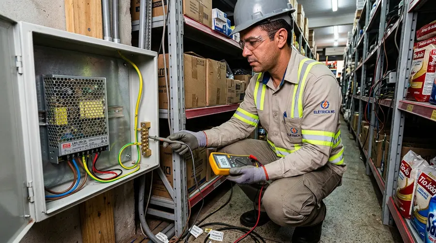 Engenheiro eletricista inspecionando o quadro de alimentação de baixa tensão 24V e aterramento de gôndola metálica em Três Lagoas MS
