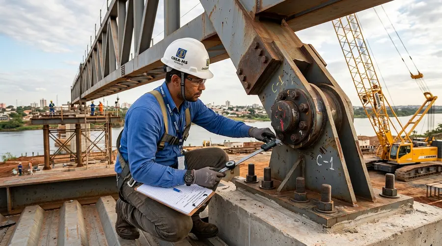 Engenheiro estruturalista com capacete e prancheta inspecionando fixação de base de coluna cantilever em Três Lagoas MS