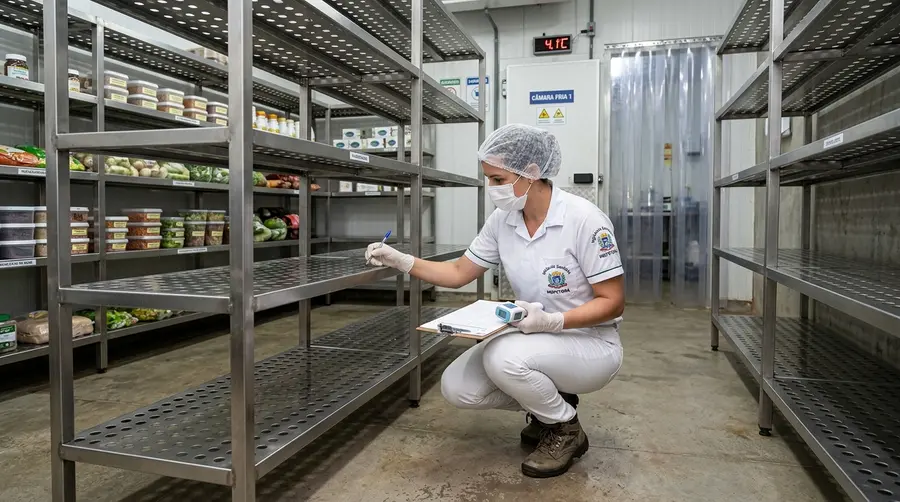 Fiscal sanitária inspecionando a limpeza e conservação de estantes sanitárias perfuradas de aço inox em antecâmara fria em Três Lagoas MS