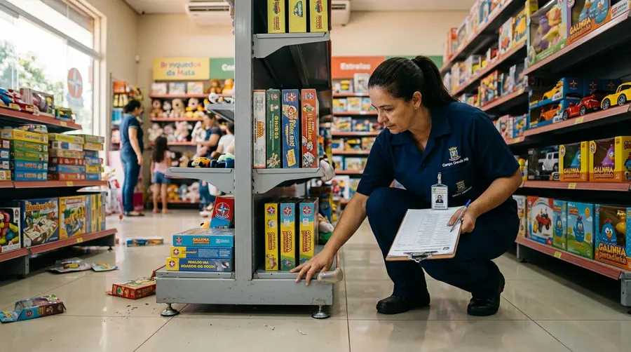 Engenheira de segurança realizando auditoria técnica de estabilidade e protetores em loja de brinquedos em Campo Grande MS