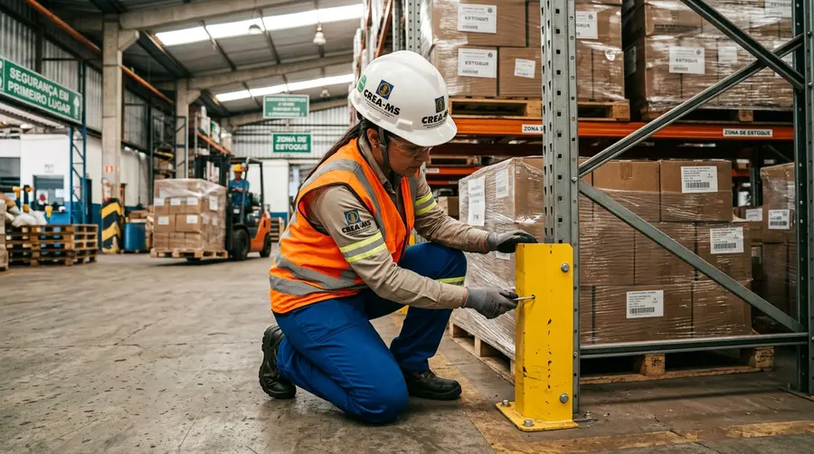 Engenheira de logística e segurança com capacete inspecionando protetor de coluna e pino de trava de viga em mini porta-paletes em Três Lagoas MS