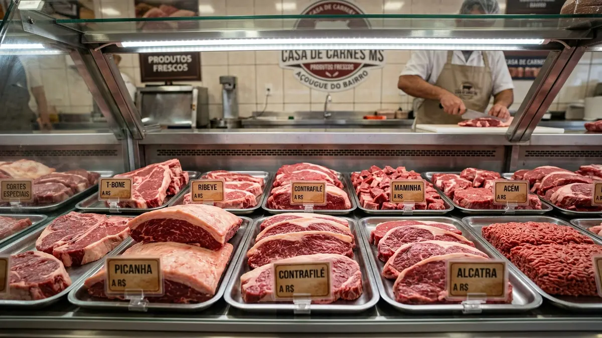 Cortes nobres de carne bovina expostos organizadamente em bandejas de inox dentro de vitrine de vidro refrigerada.