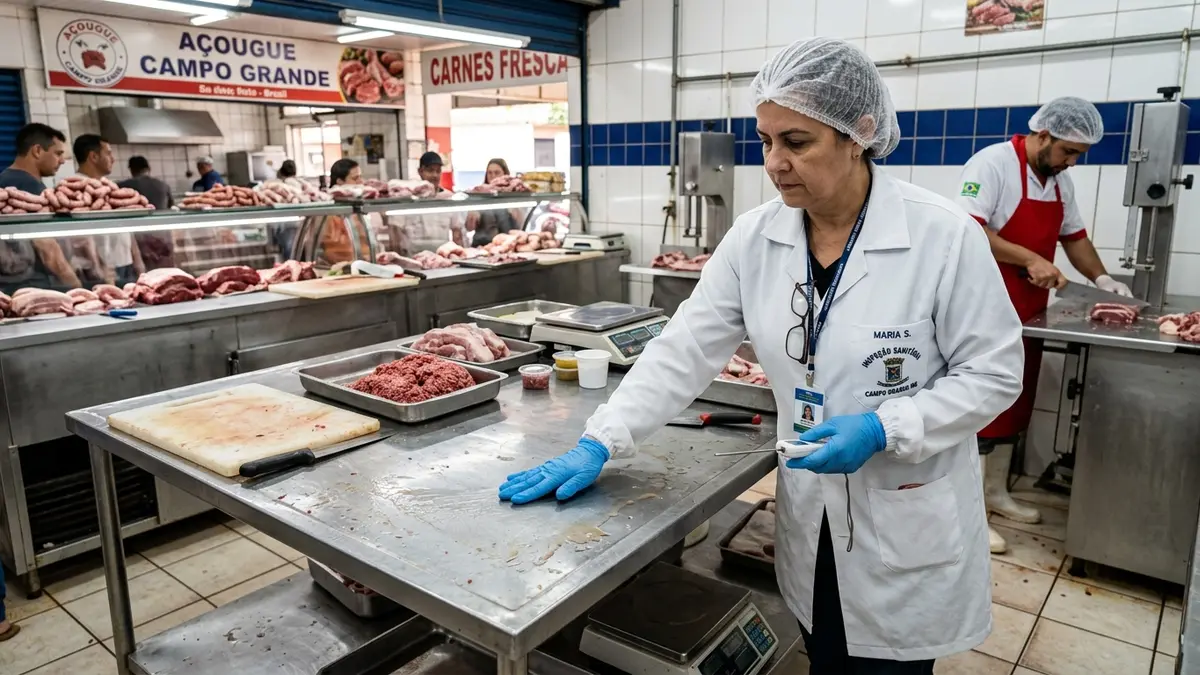 Fiscal sanitária de jaleco branco vistoriando a limpeza de mesa de inox e balcão de açougue.
