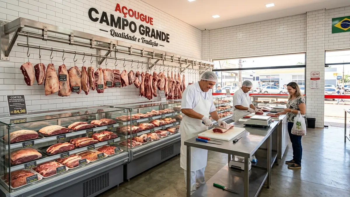 Interior de açougue comercial higiênico em Campo Grande MS, com cortes de carne expostos em vitrines de inox.