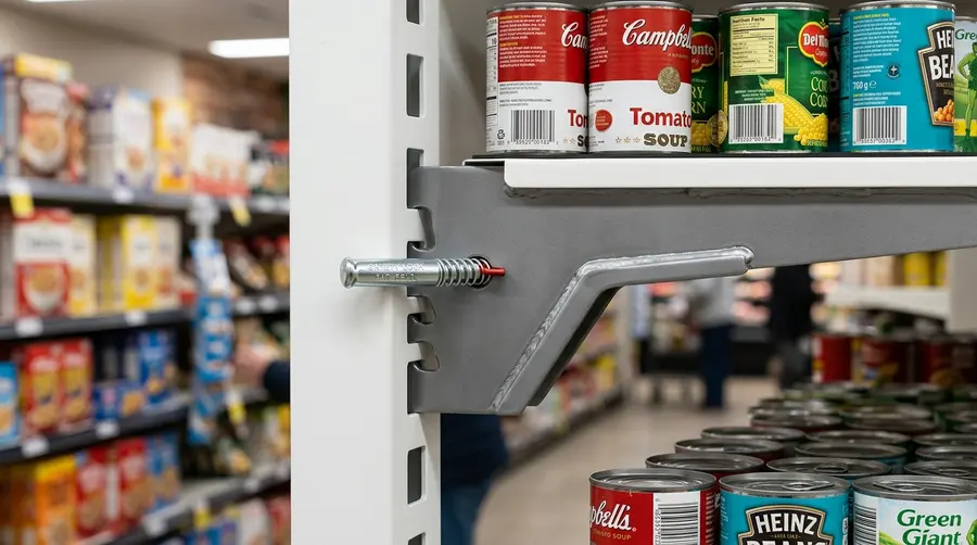 Inspeção detalhada de console de gôndola de aço reforçado com engate triplo e trava de segurança anti-desprendimento em supermercado de Campo Grande MS