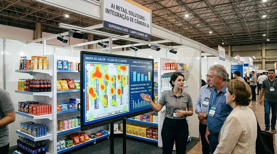 Estande de tecnologia na feira SuperAMAS 2026 em Campo Grande MS com tela exibindo mapa de calor e análise de ocupação de prateleiras em gôndolas