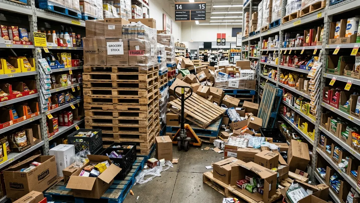 Corredor de mercado perigosamente obstruído por pallets de madeira empilhados e caixas vazias jogadas de forma irregular.