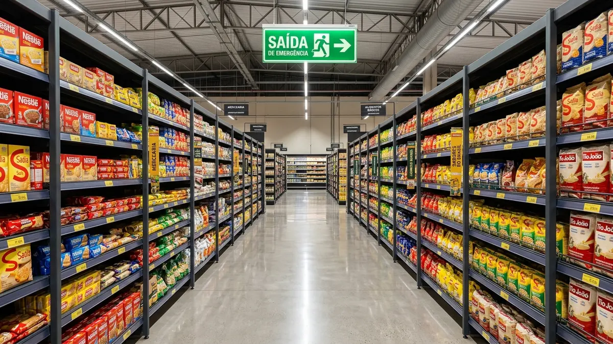 Visão aérea de um corredor de supermercado perfeitamente amplo e desobstruído com placas verdes de saída de emergência em Campo Grande MS.