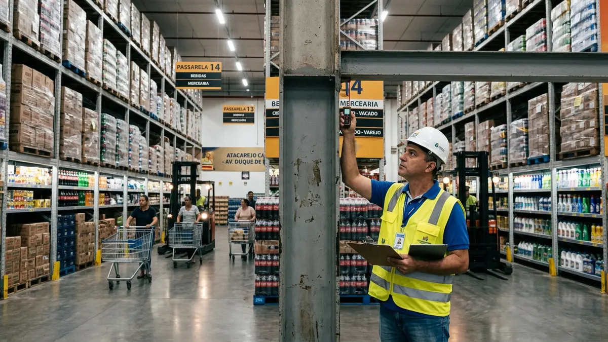 Corredores de um grande supermercado de atacarejo na Avenida Duque de Caxias em Campo Grande MS, exibindo estruturas de porta-paletes altas carregadas com fardos pesados sob iluminação forte.