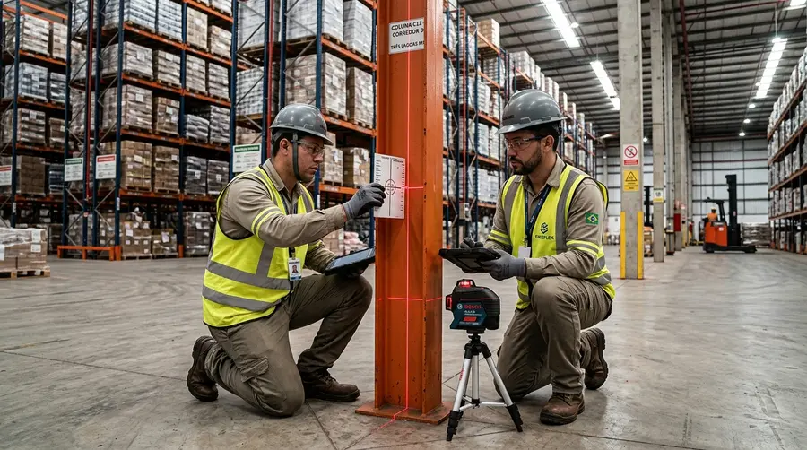 Engenheiro mecânico utilizando nível a laser de precisão para auditoria de prumo em porta-paletes no polo industrial de Três Lagoas MS