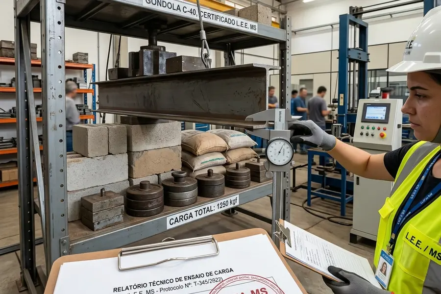 Laudo técnico de ensaio de carga em laboratório de engenharia com selo de validação do CREA-MS e paquímetro medindo espessura de prateleira de aço