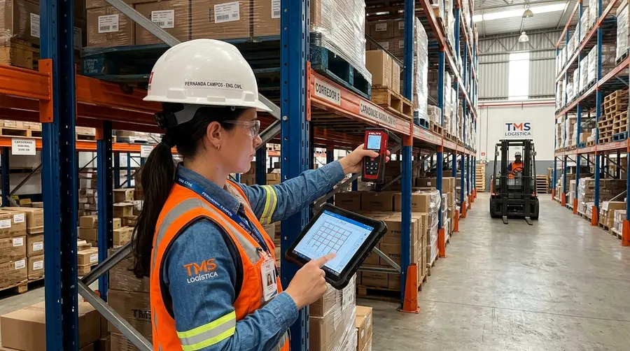 Representação técnica de medição e nivelamento estrutural em montagem de armazenagem industrial