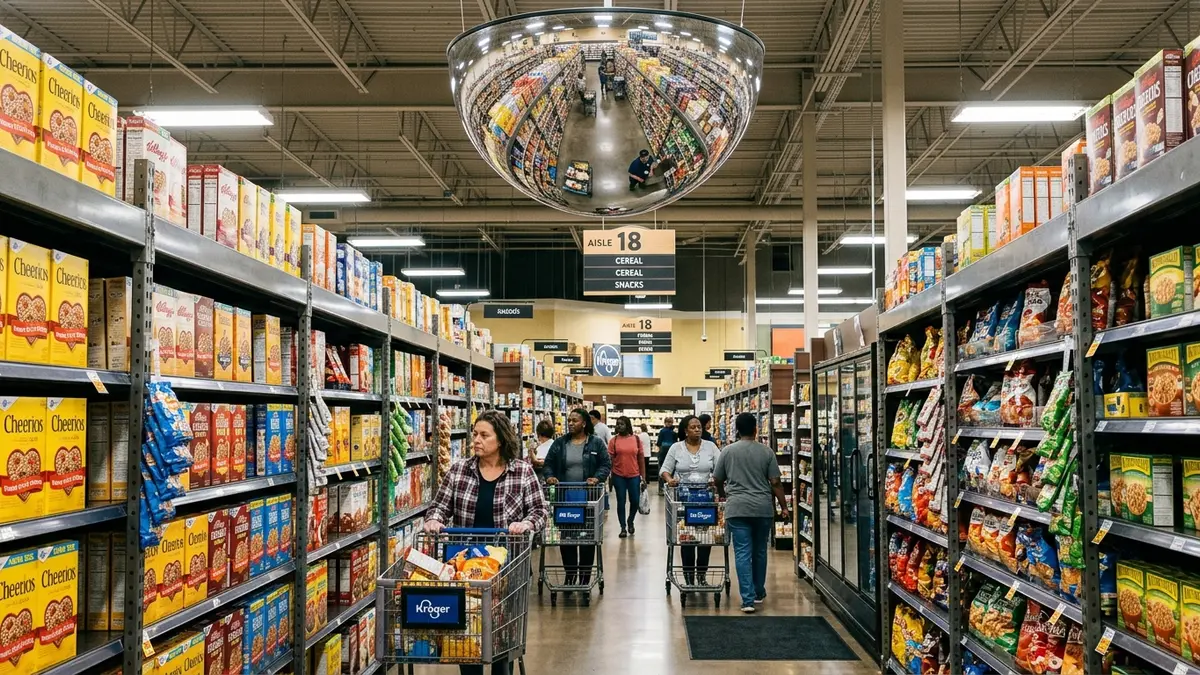 Espelho de segurança convexo circular instalado no teto de um supermercado no MS, mostrando o reflexo claro das gôndolas e clientes nos corredores.