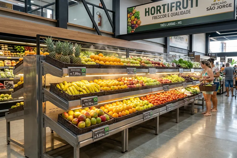 Layout moderno de setor de hortifruti climatizado em supermercado de Três Lagoas MS com gôndolas galvanizadas inclinadas, nebulizadores de umidade e iluminação LED aquecida