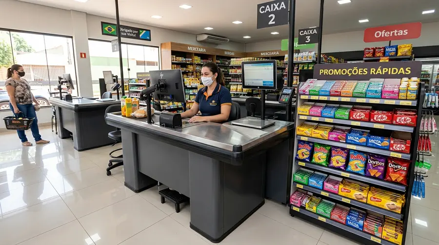 Frente de loja de minimercado compacto em Mato Grosso do Sul com checkout ergonômico de 1,50m em aço inox AISI 304 sob a NR-17, ponta de gôndola promocional e corredor acessível NBR 9050