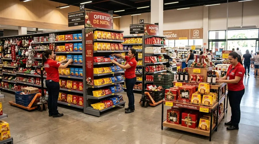 Equipe de funcionários montando ilhas sazonais e reconfigurando gôndolas de aço em supermercado para a campanha do Dia das Crianças em Mato Grosso do Sul
