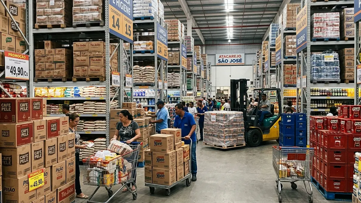 Corredor amplo de atacarejo em Sidrolândia MS, mostrando empilhadeiras operando no reabastecimento rápido das prateleiras superiores.