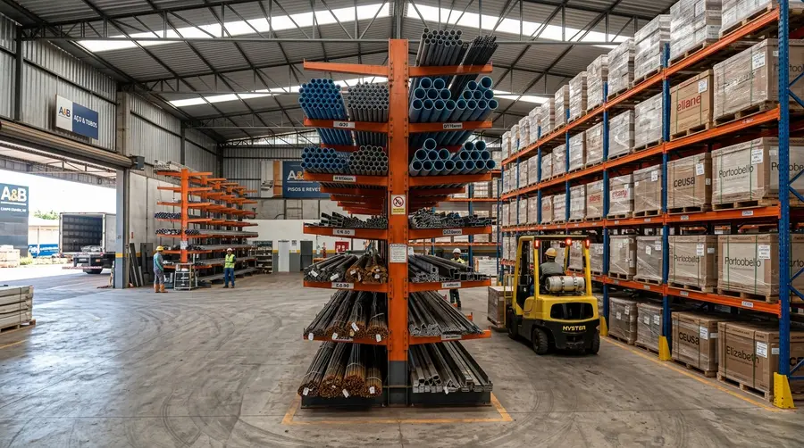 Depósito de home center com estruturas cantilever para tubos e porta-paletes para pisos cerâmicos em Campo Grande MS
