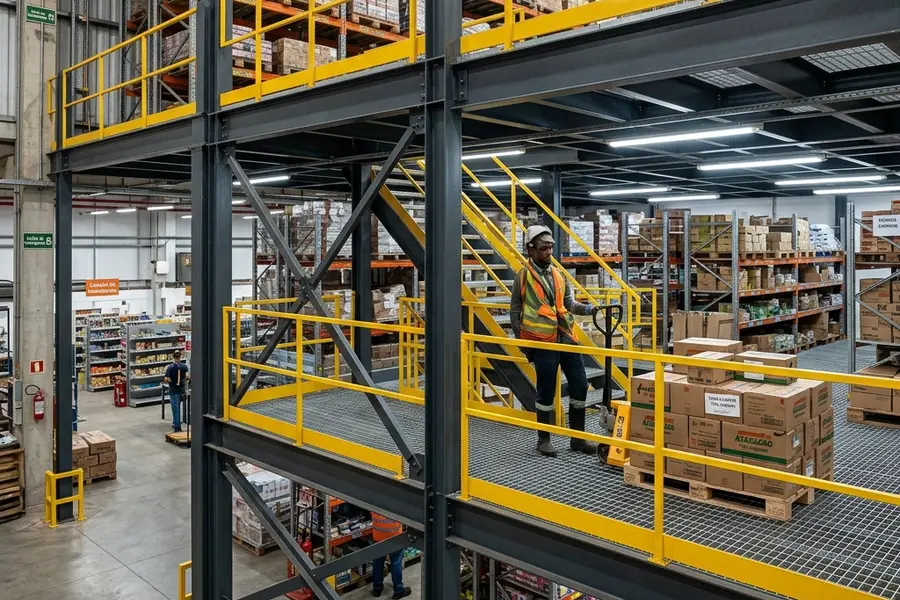 Mezanino metálico autoportante industrial montado sobre almoxarifado de supermercado em Três Lagoas MS com escadas e proteção amarela