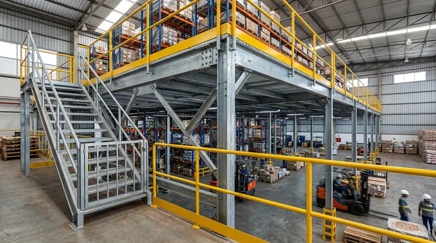 Mezanino metálico integrado a porta-paletes de alta capacidade com guarda-corpo e escadas em depósito comercial em Dourados MS
