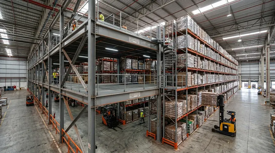 Estrutura metálica de mezanino industrial pesado integrado a porta-paletes em centro logístico de atacarejo em Campo Grande MS
