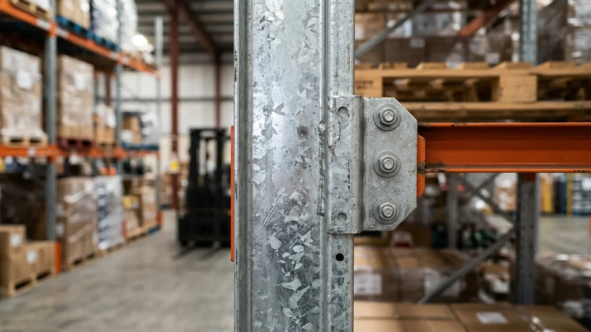 Detalhe técnico da camada de zinco prateada galvanizada a quente em coluna de aço de porta-paletes pesado.