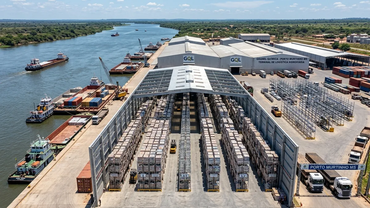 Galpão logístico hidroviário de grande porte em Porto Murtinho MS com porta-paletes galvanizados à beira do Rio Paraguai.