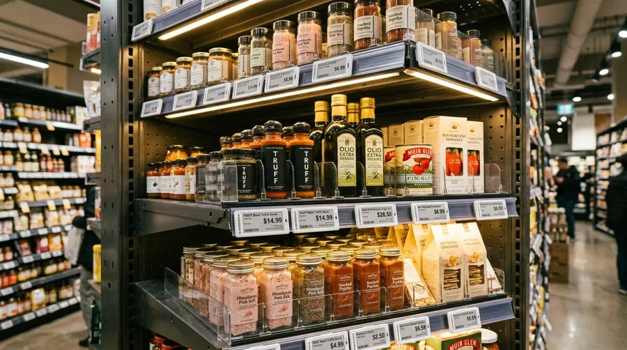 Gôndola comercial moderna em aço com iluminação LED embutida sob as bandejas e precificação eletrônica no varejo supermercadista