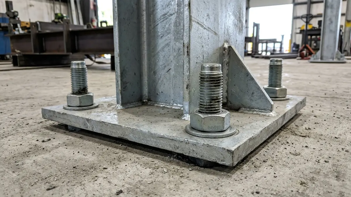 Detalhe técnico em close de um pilar metálico azul de estante industrial fixado rigidamente no solo de concreto por meio de duas porcas apertadas e arruelas sobre uma chapa base de aço zincado.