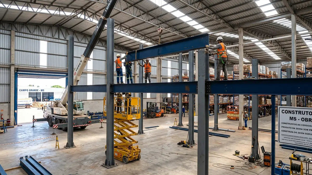 Montagem de estrutura metálica complexa de mezanino comercial de aço em galpão de Campo Grande MS, mostrando vigas azuis e pilares pintados de cinza, com equipamentos de elevação de carga visíveis.