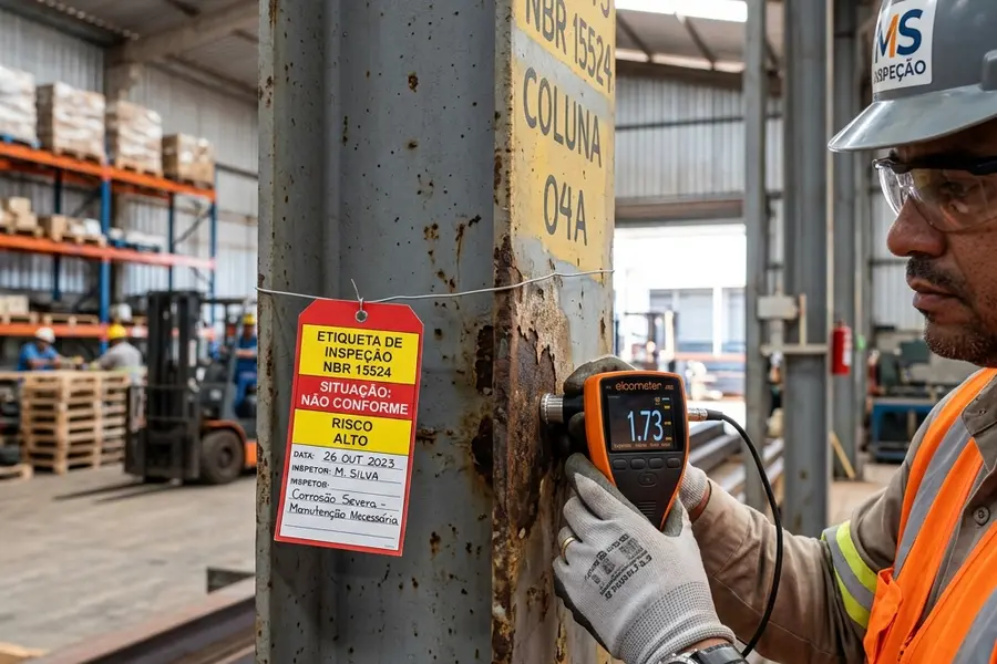 Detalhe de medição de amassamento de coluna em aço de porta-paletes com medidor de espessura magnético e etiqueta de inspeção de risco conforme NBR 15524 em Dourados MS