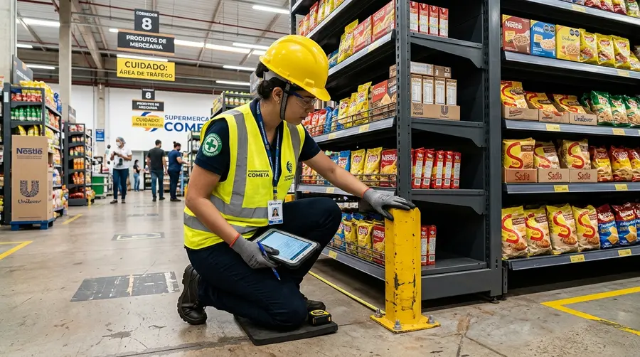 Representação técnica de alinhamento e verificação de prumo em sistemas de armazenagem pesada e gôndolas industriais