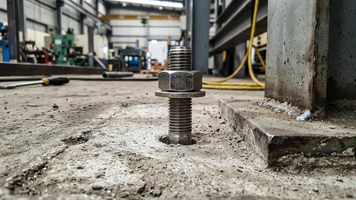 Chumbador mecânico de expansão em aço inox forjado chumbado com precisão em um piso de concreto industrial.