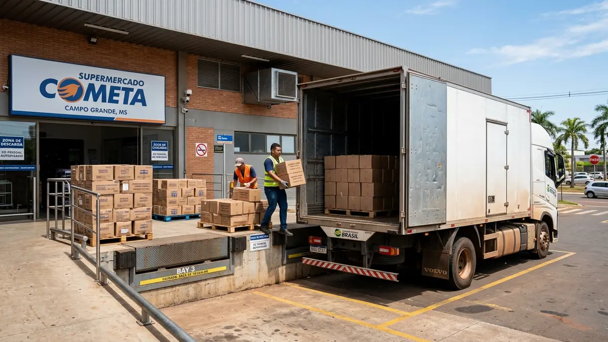 Doca de recebimento de supermercado organizada com rampas de nivelamento e caminhão Volvo descarregando caixas de papelão.
