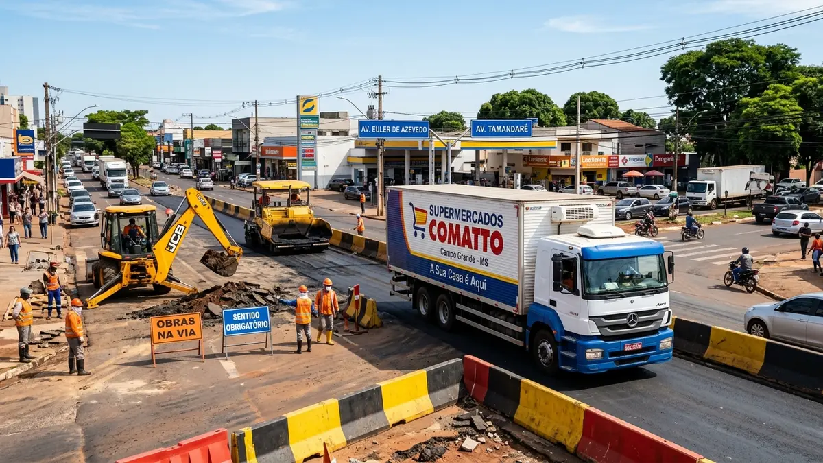 Obras de infraestrutura urbana no cruzamento das avenidas Tamandaré e Euler de Azevedo em Campo Grande MS, com caminhão de supermercado transitando.