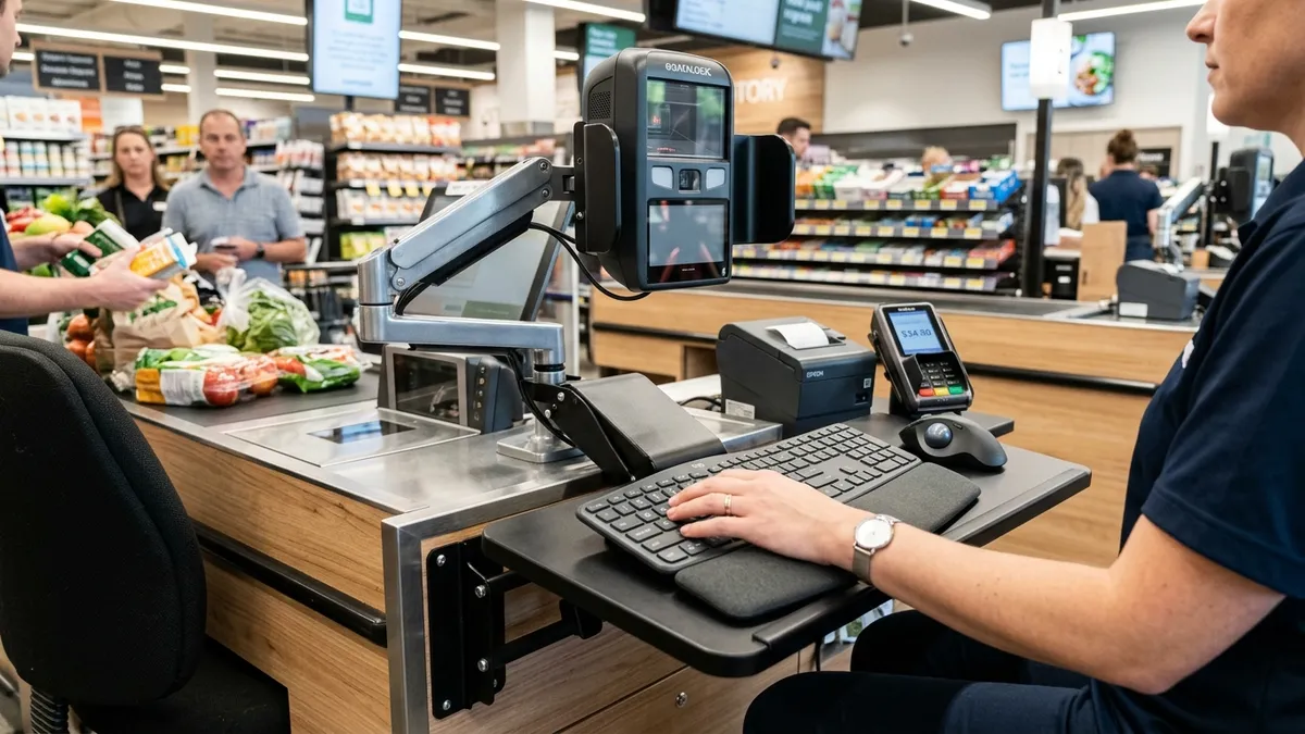 Detalhe de suporte ergonômico articulado para teclado e monitor touch de checkout comercial.