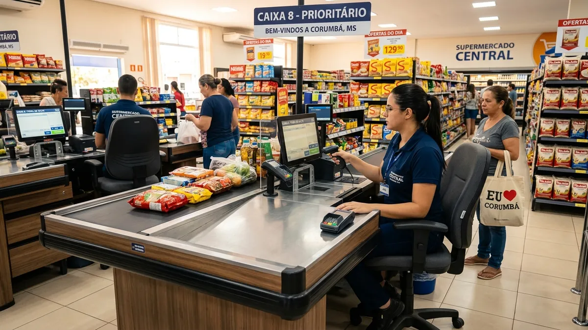 Operador de caixa atuando em balcão de checkout ergonômico com esteira motorizada em supermercado em Corumbá MS.