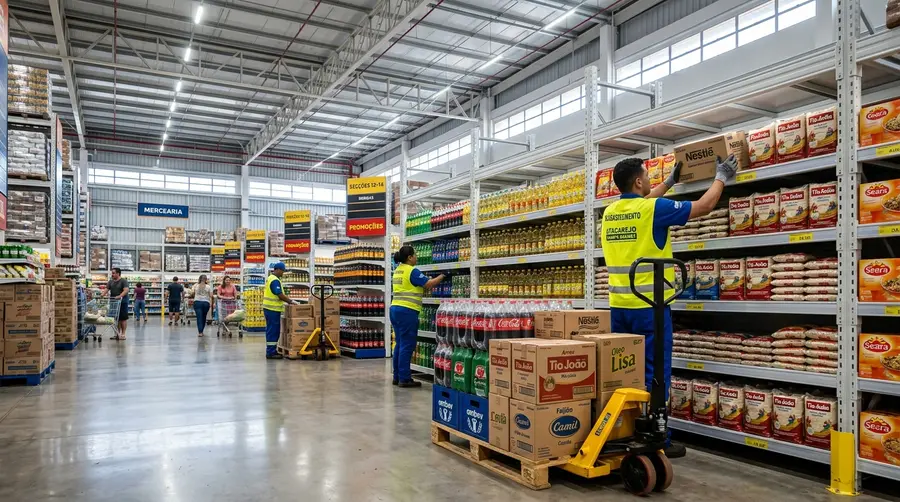 Operação de reposição matinal de mercadorias em gôndolas de aço reforçadas em supermercado de Campo Grande MS pós-feriadão prolongado