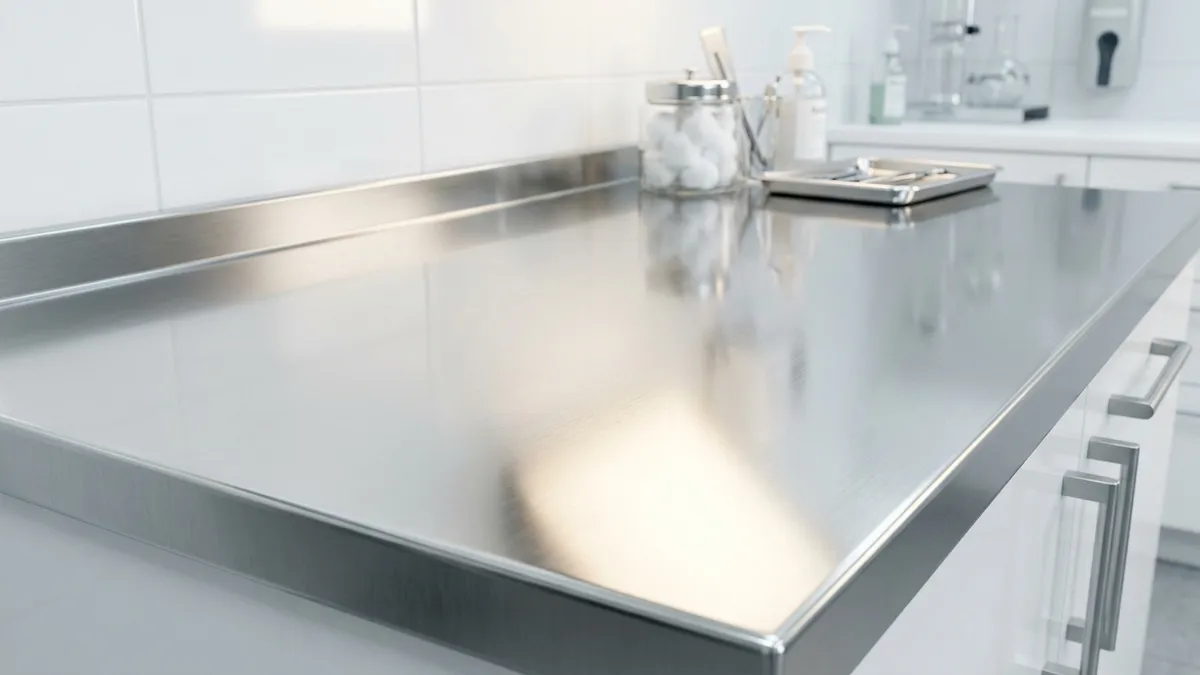 Superfície metálica ultra-limpa de aço inoxidável polido refletindo uma iluminação difusa e suave de estúdio.