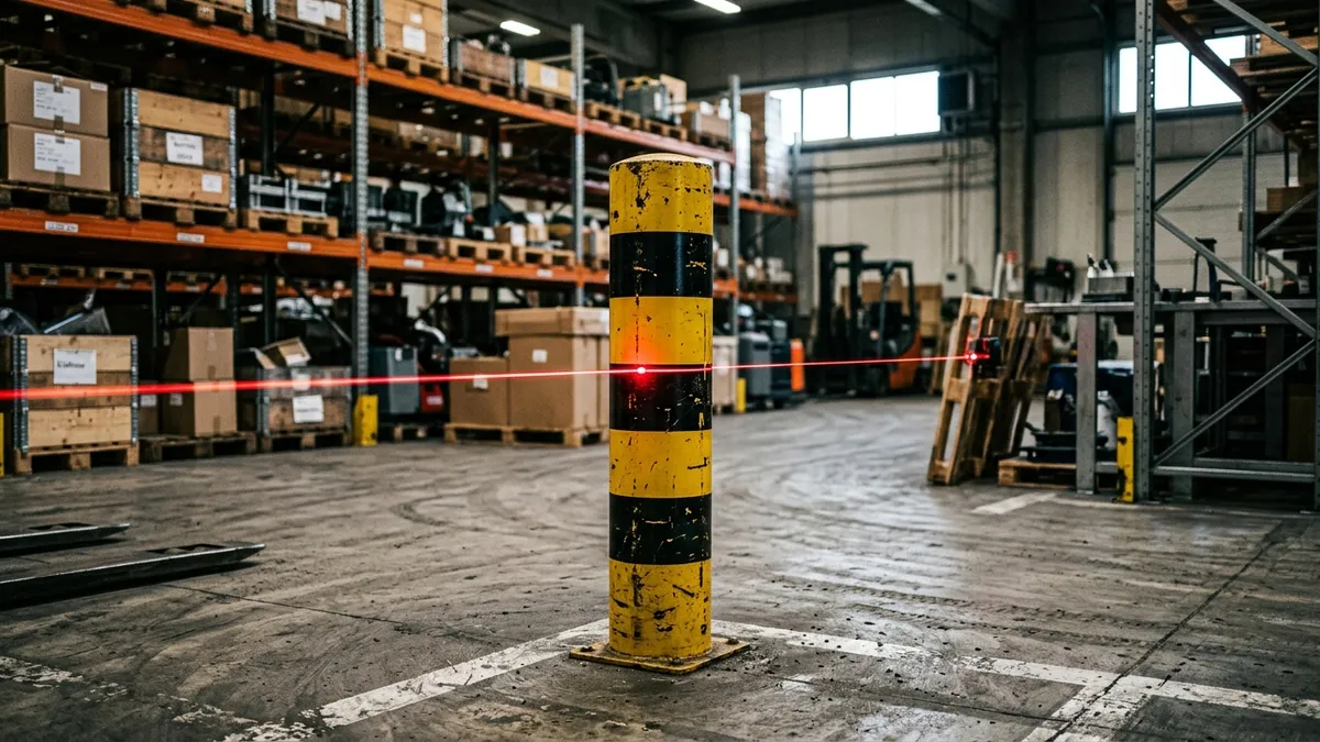 Nível d'água a laser projetando uma linha vermelha nítida ao longo de uma barreira de proteção de aço preta e amarela em um galpão.