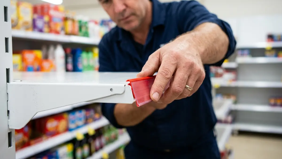 Close-up de um trabalhador encaixando uma calha de plástico colorida vermelha porta-etiquetas na aba frontal de uma prateleira metálica branca de gôndola comercial.