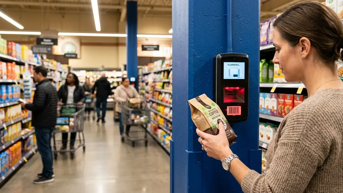 Cliente utilizando leitor de código de barras digital fixado em uma coluna de supermercado no MS para verificar o preço de um produto.