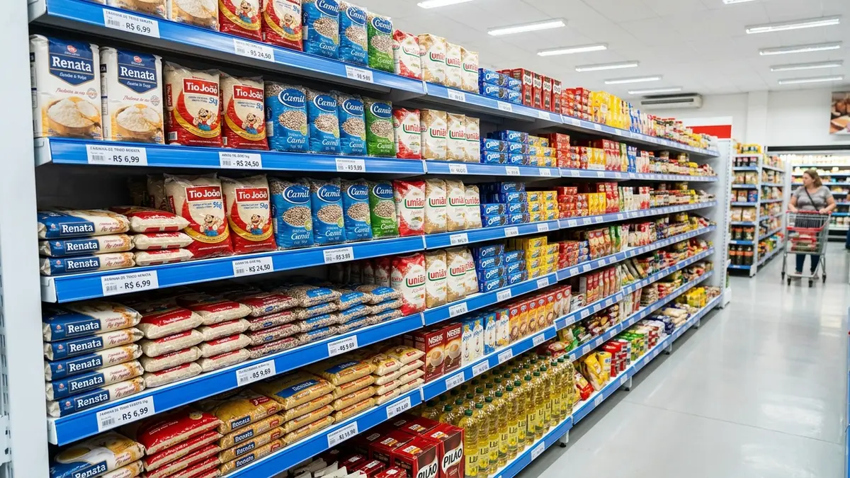 Gôndolas de supermercado organizadas com produtos alinhados e calhas azuis porta-etiquetas exibindo preços legíveis em Reais (R$) sob luz de LED no salão de vendas no MS.